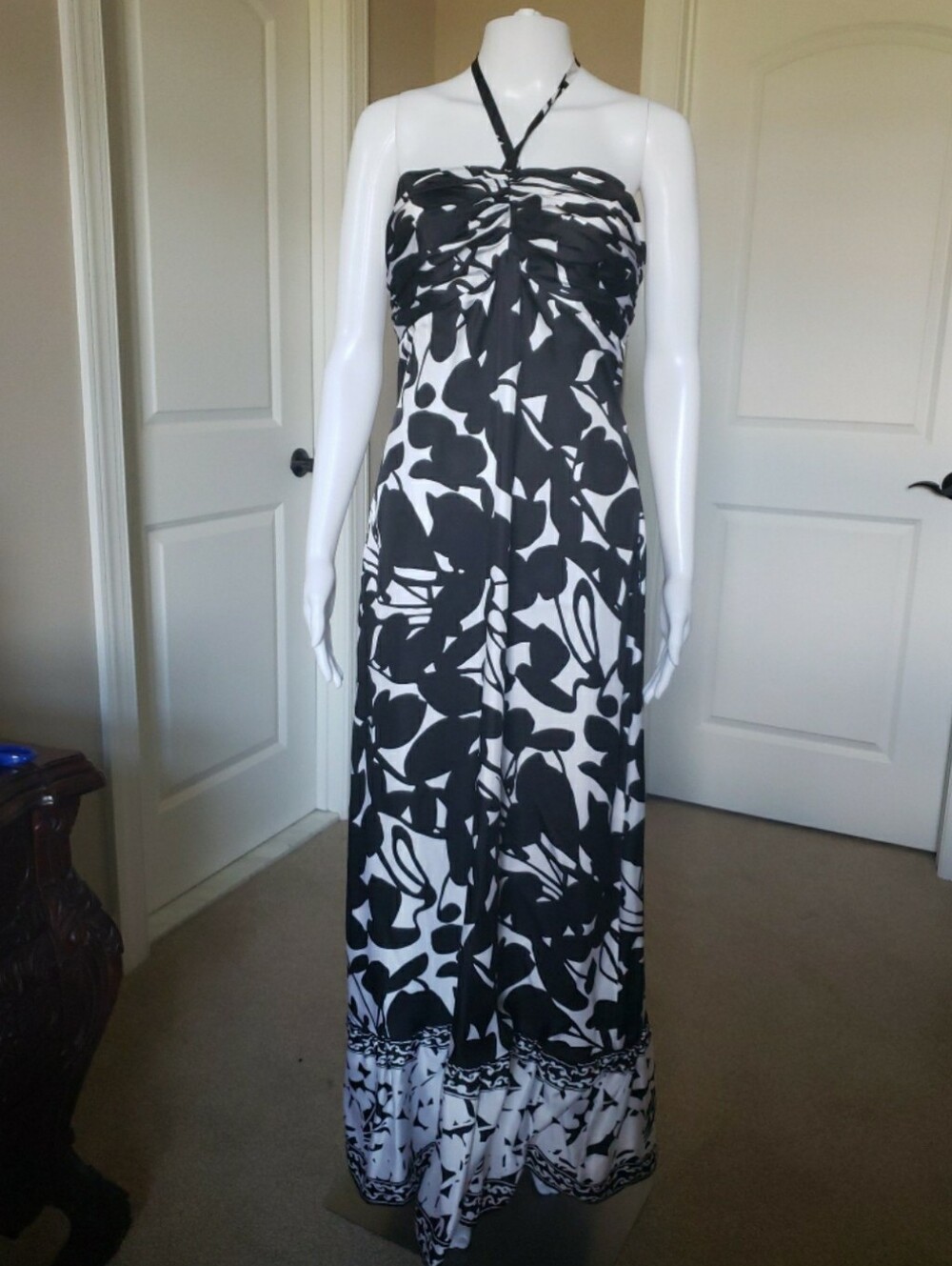 White House Black Market Silk Black & White Floral Maxi Dress
